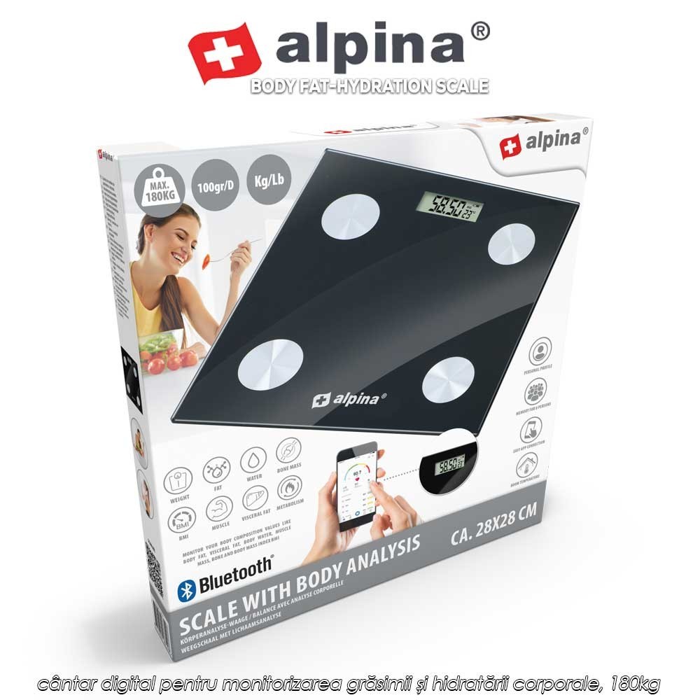 Alpina Body Fat-Hydration Scale - cântar digital pentru monitorizarea grăsimii și hidratării corporale, 180kg