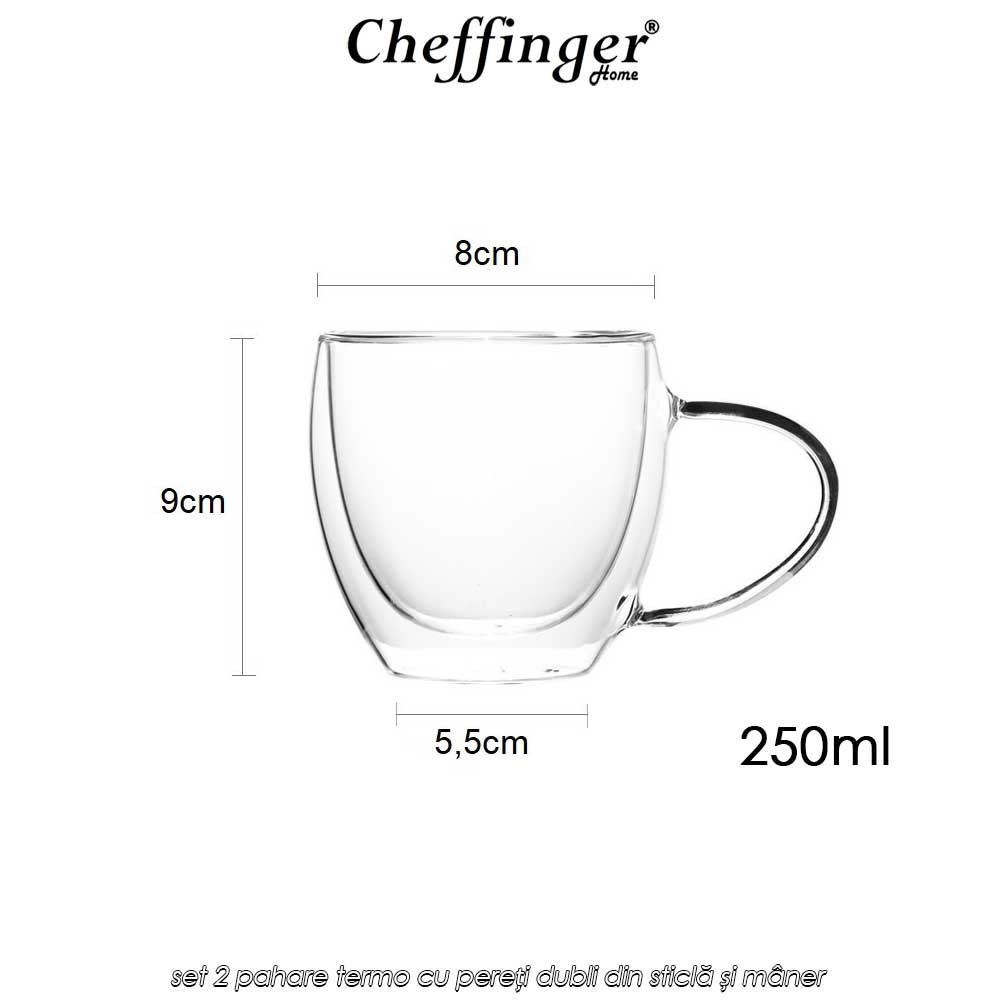 Cheffinger Home G15 - set 2 pahare termo cu pereți dubli din sticlă și mâner