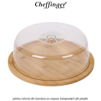 Cheffinger Home CSB28 - platou rotund din bambus cu capac transparent din plastic Cheffinger Home CSB28 - platou rotund din bambus cu capac transparent din plastic