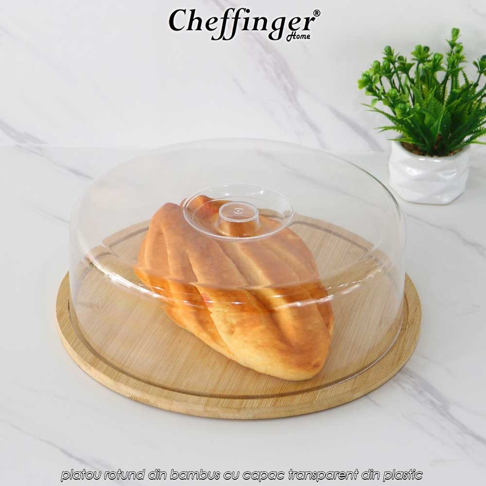 Cheffinger Home CSB28 - platou rotund din bambus cu capac transparent din plastic