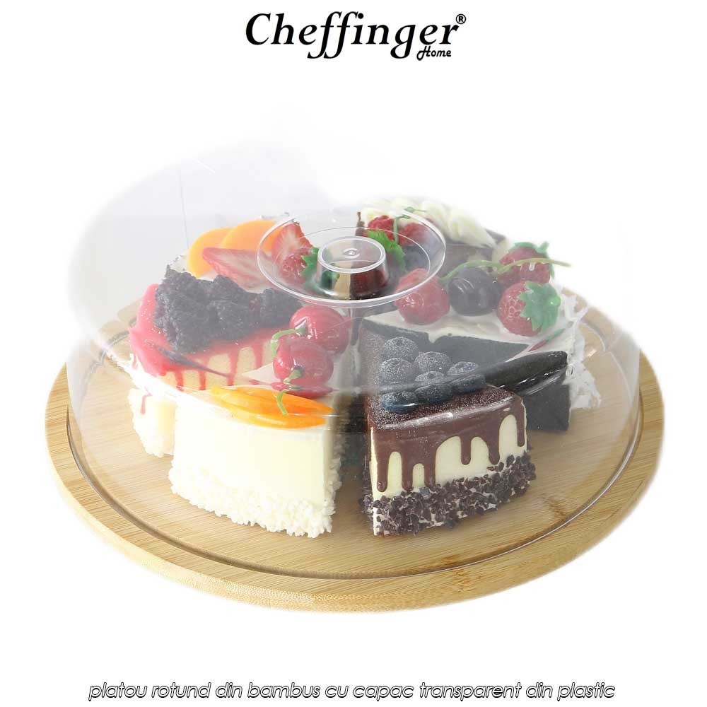 Cheffinger Home CSB28 - platou rotund din bambus cu capac transparent din plastic