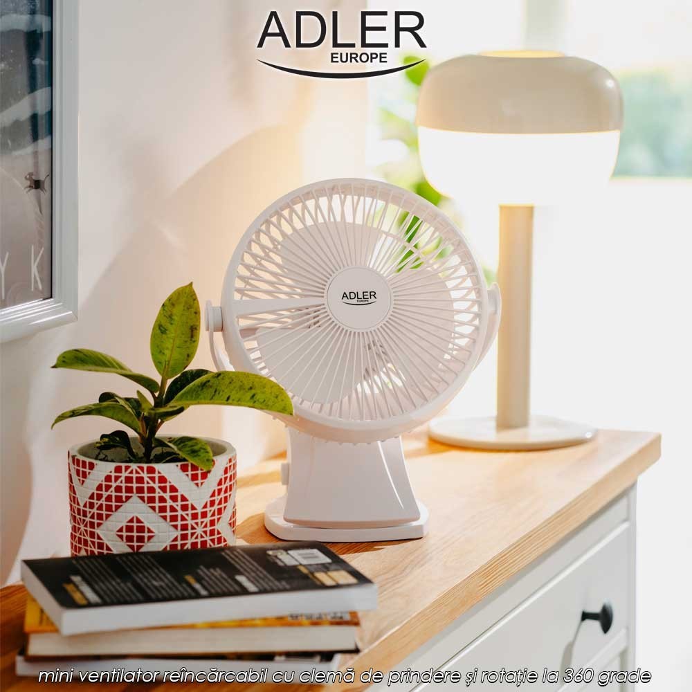 Adler AD 7342 Rechargeble Clip-On Fan - mini ventilator reîncărcabil cu clemă de prindere și rotație la 360 grade