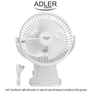 Adler AD 7342 Rechargeble Clip-On Fan - mini ventilator reîncărcabil cu clemă de prindere și rotație la 360 grade