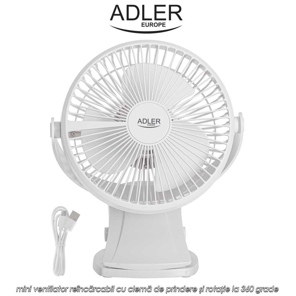 Adler AD 7342 Rechargeble Clip-On Fan - mini ventilator reîncărcabil cu clemă de prindere și rotație la 360 grade