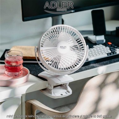 Adler AD 7342 Rechargeble Clip-On Fan - mini ventilator reîncărcabil cu clemă de prindere și rotație la 360 grade