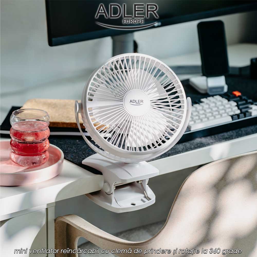 Adler AD 7342 Rechargeble Clip-On Fan - mini ventilator reîncărcabil cu clemă de prindere și rotație la 360 grade