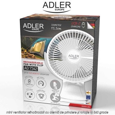 Adler AD 7342 Rechargeble Clip-On Fan - mini ventilator reîncărcabil cu clemă de prindere și rotație la 360 grade
