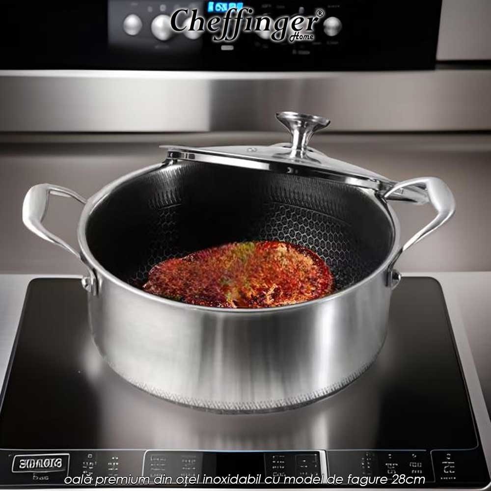 Cheffinger Home PNC28 - oală premium din oțel inoxidabil cu model de fagure 28cm Cheffinger Home PNC28 - oală premium din oțel inoxidabil cu model de fagure 28cm
