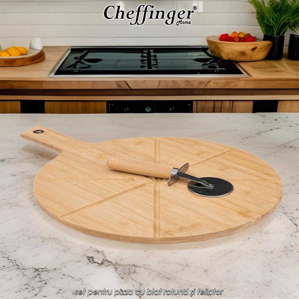 Cheffinger Home Bamboo Pizza Tray - set pentru pizza cu blat rotund și feliator