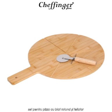Cheffinger Home Bamboo Pizza Tray - set pentru pizza cu blat rotund și feliator Cheffinger Home Bamboo Pizza Tray - set pentru pizza cu blat rotund și feliator