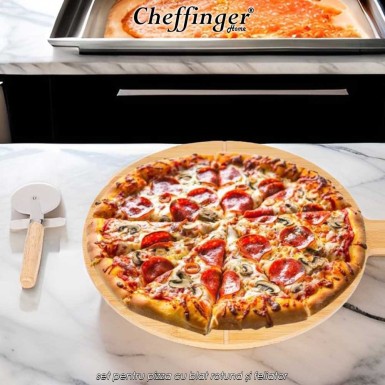 Cheffinger Home Bamboo Pizza Tray - set pentru pizza cu blat rotund și feliator Cheffinger Home Bamboo Pizza Tray - set pentru pizza cu blat rotund și feliator