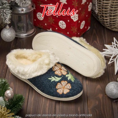 Tellus Pâslari M6084AL - papuci de damă din pâslă și blană artificială, albastru închis Tellus Pâslari M6084AL - papuci de damă din pâslă și blană artificială, albastru închis