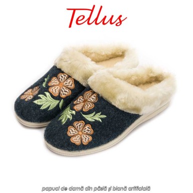 Tellus Pâslari M6084AL - papuci de damă din pâslă și blană artificială, albastru închis Tellus Pâslari M6084AL - papuci de damă din pâslă și blană artificială, albastru închis