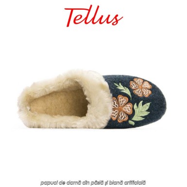 Tellus Pâslari M6084AL - papuci de damă din pâslă și blană artificială, albastru închis Tellus Pâslari M6084AL - papuci de damă din pâslă și blană artificială, albastru închis