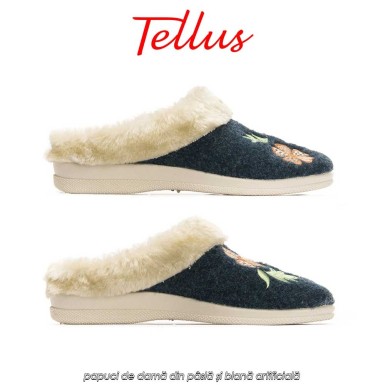 Tellus Pâslari M6084AL - papuci de damă din pâslă și blană artificială, albastru închis Tellus Pâslari M6084AL - papuci de damă din pâslă și blană artificială, albastru închis