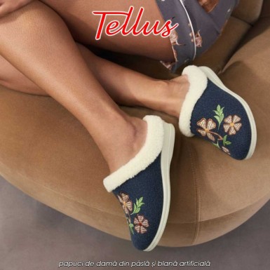 Tellus Pâslari M6084AL - papuci de damă din pâslă și blană artificială, albastru închis Tellus Pâslari M6084AL - papuci de damă din pâslă și blană artificială, albastru închis