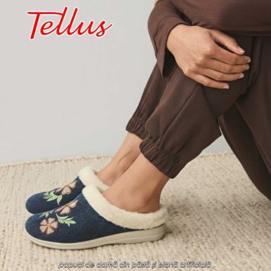 Tellus Pâslari M6084AL - papuci de damă din pâslă și blană artificială, albastru închis Tellus Pâslari M6084AL - papuci de damă din pâslă și blană artificială, albastru închis