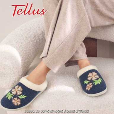 Tellus Pâslari M6084AL - papuci de damă din pâslă și blană artificială, albastru închis Tellus Pâslari M6084AL - papuci de damă din pâslă și blană artificială, albastru închis