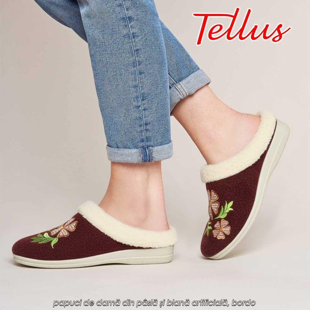 Tellus Pâslari M6084R - papuci de damă din pâslă și blană artificială, bordo