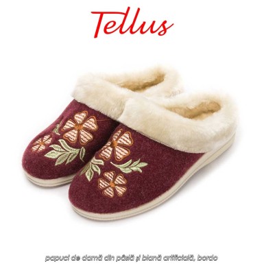Tellus Pâslari M6084R - papuci de damă din pâslă și blană artificială, bordo Tellus Pâslari M6084R - papuci de damă din pâslă și blană artificială, bordo
