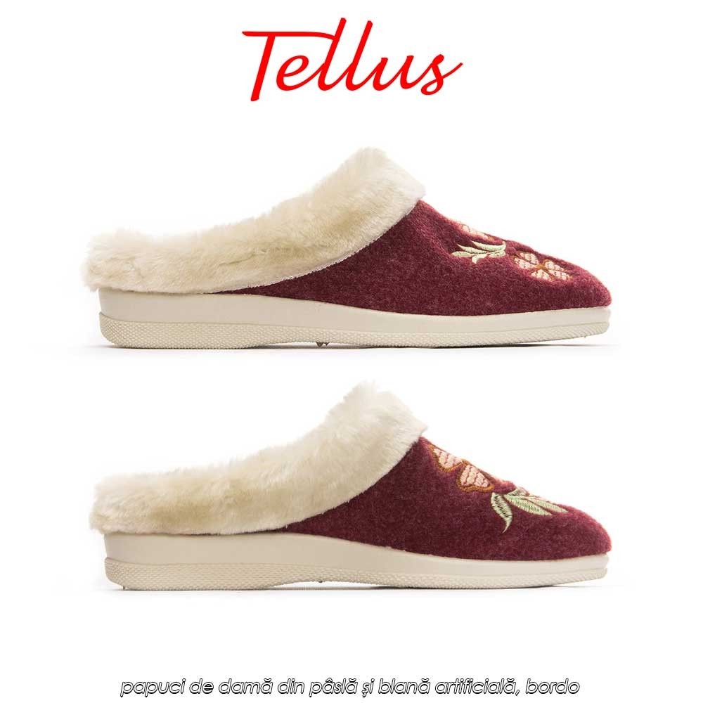 Tellus Pâslari M6084R - papuci de damă din pâslă și blană artificială, bordo