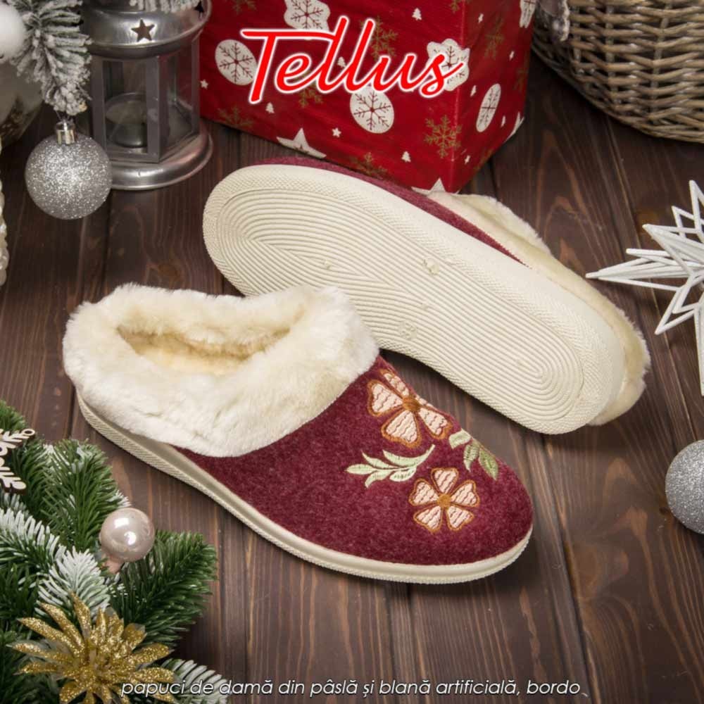 Tellus Pâslari M6084R - papuci de damă din pâslă și blană artificială, bordo