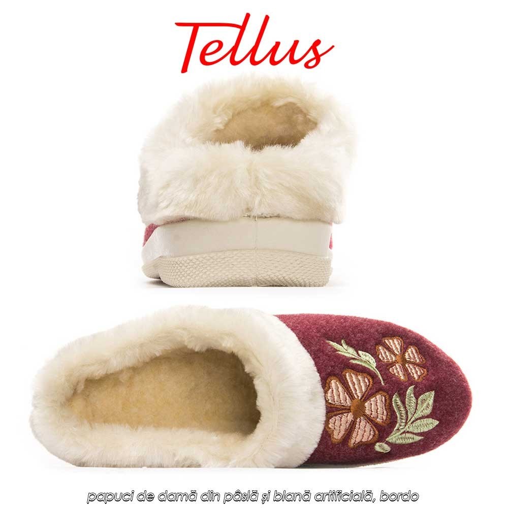 Tellus Pâslari M6084R - papuci de damă din pâslă și blană artificială, bordo