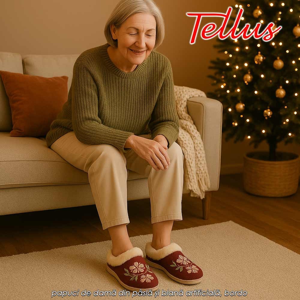 Tellus Pâslari M6084R - papuci de damă din pâslă și blană artificială, bordo