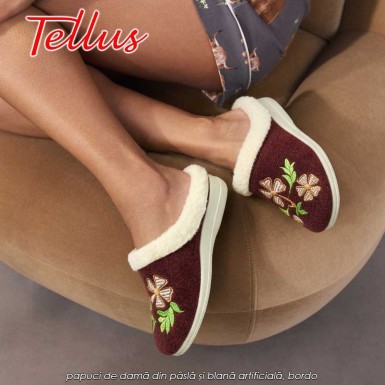 Tellus Pâslari M6084R - papuci de damă din pâslă și blană artificială, bordo Tellus Pâslari M6084R - papuci de damă din pâslă și blană artificială, bordo
