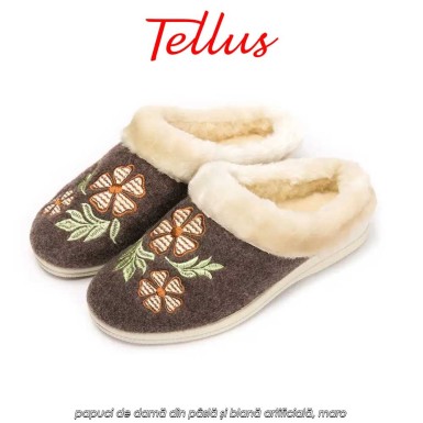 Tellus Pâslari M6084BRO - papuci de damă din pâslă și blană artificială, maro Tellus Pâslari M6084BRO - papuci de damă din pâslă și blană artificială, maro