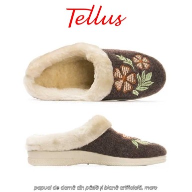 Tellus Pâslari M6084BRO - papuci de damă din pâslă și blană artificială, maro Tellus Pâslari M6084BRO - papuci de damă din pâslă și blană artificială, maro