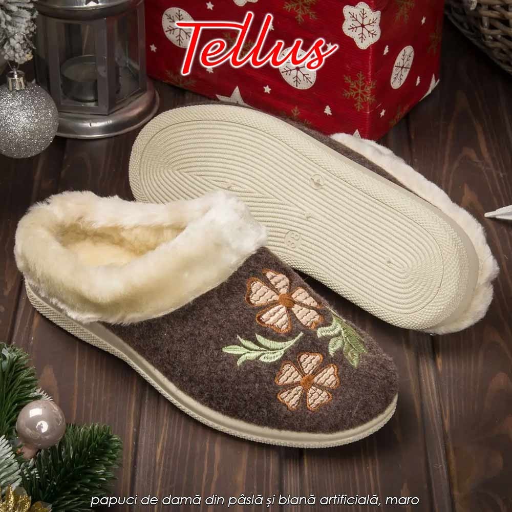 Tellus Pâslari M6084BRO - papuci de damă din pâslă și blană artificială, maro