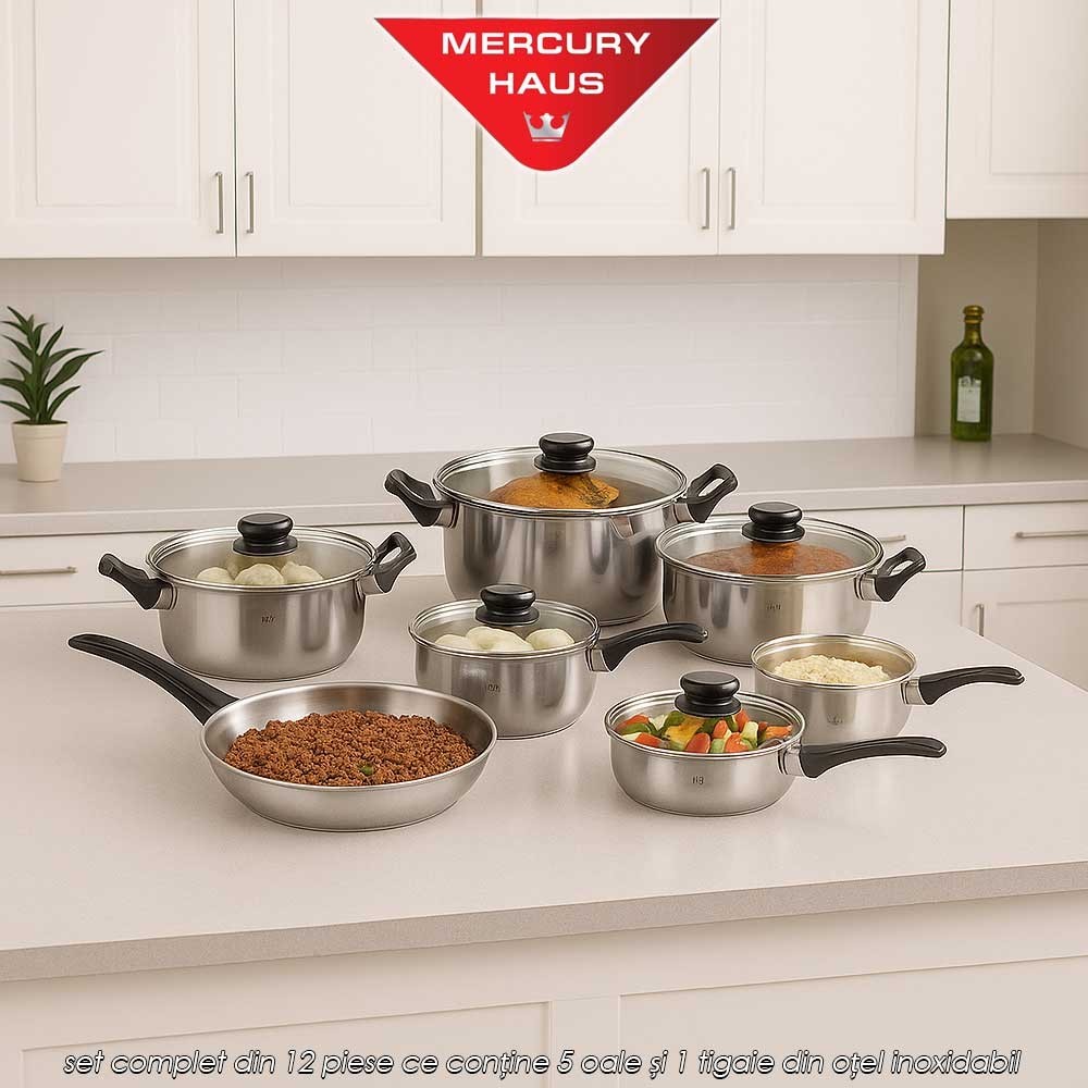 Mercury Haus MC1856 - set complet din 12 piese ce conține 5 oale și 1 tigaie din oțel inoxidabil