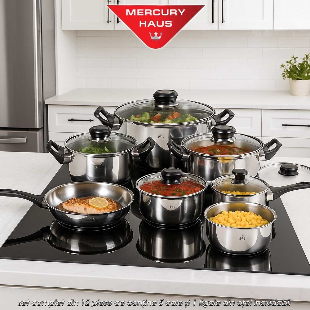 Mercury Haus MC1856 - set complet din 12 piese ce conține 5 oale și 1 tigaie din oțel inoxidabil