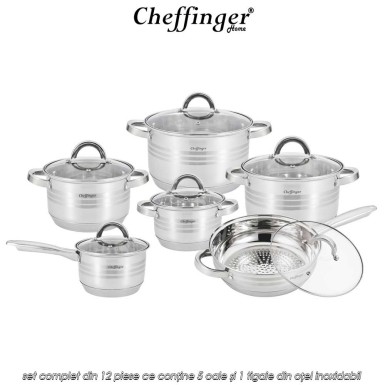 Cheffinger Home SS1230 - set complet din 12 piese ce conține 5 oale și 1 tigaie din oțel inoxidabil Cheffinger Home SS1230 - set complet din 12 piese ce conține 5 oale și 1 tigaie din oțel inoxidabil