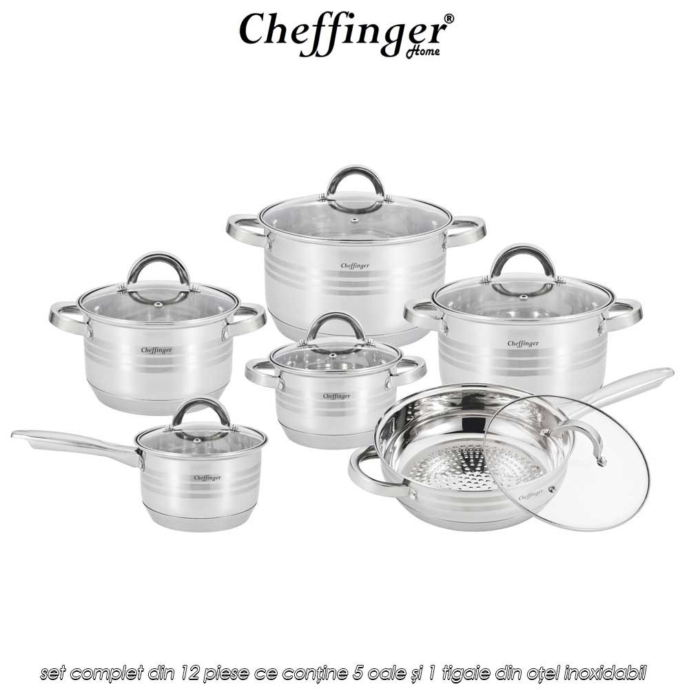 Cheffinger Home SS1230 - set complet din 12 piese ce conține 5 oale și 1 tigaie din oțel inoxidabil