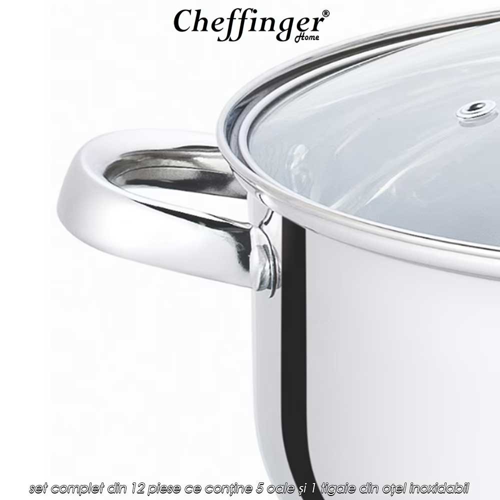Cheffinger Home SS1230 - set complet din 12 piese ce conține 5 oale și 1 tigaie din oțel inoxidabil