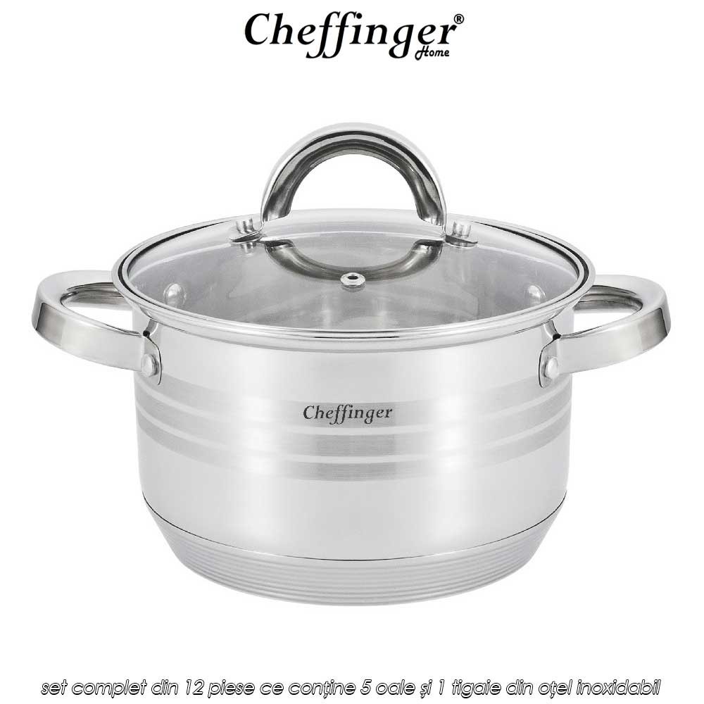 Cheffinger Home SS1230 - set complet din 12 piese ce conține 5 oale și 1 tigaie din oțel inoxidabil