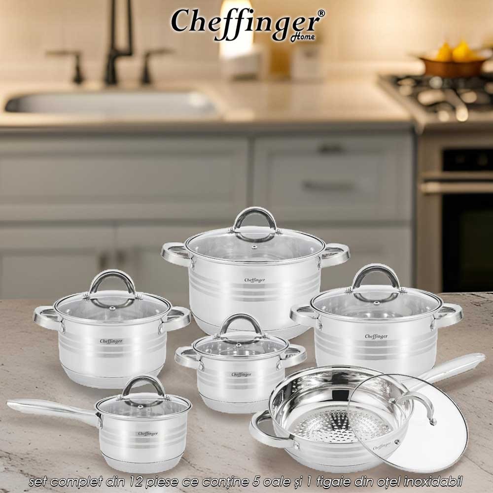 Cheffinger Home SS1230 - set complet din 12 piese ce conține 5 oale și 1 tigaie din oțel inoxidabil