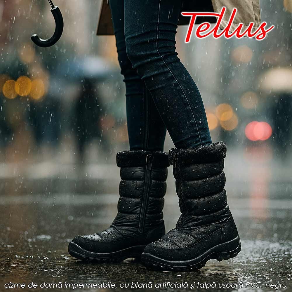 Tellus M0156N - cizme de damă impermeabile, cu blană artificială și talpă ușoară PVC, negru