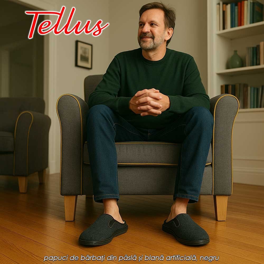 papuci de bărbați din pâslă și blană artificială, negru