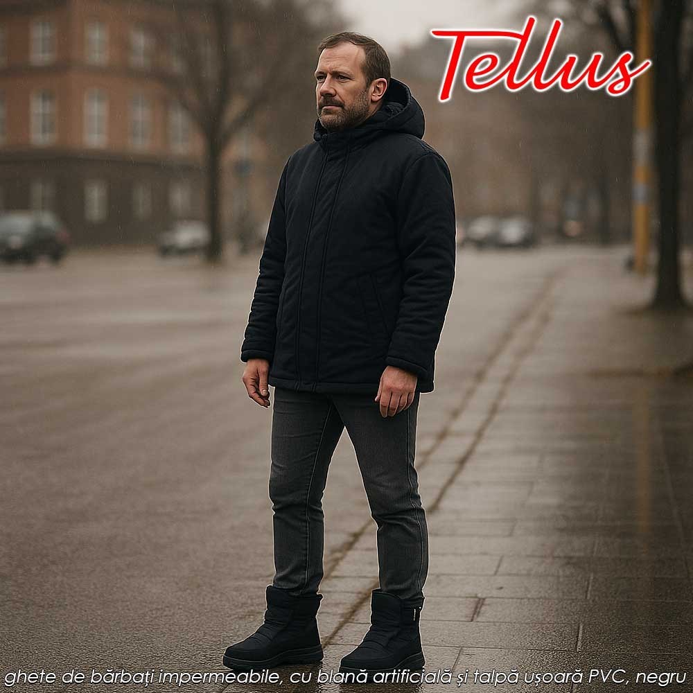 Tellus M2369N - ghete de bărbați impermeabile, cu blană artificială și talpă ușoară PVC, negru