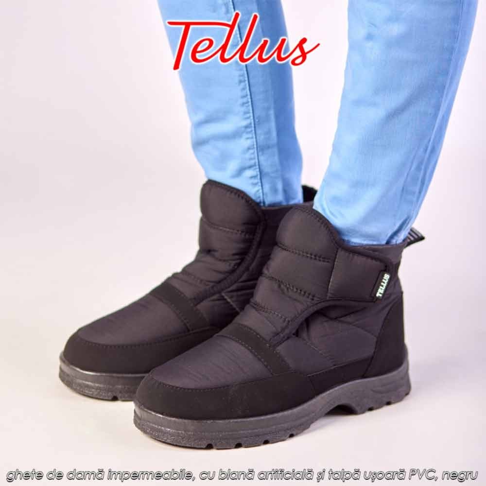 ghete de damă impermeabile, cu blană artificială și talpă ușoară PVC, negru