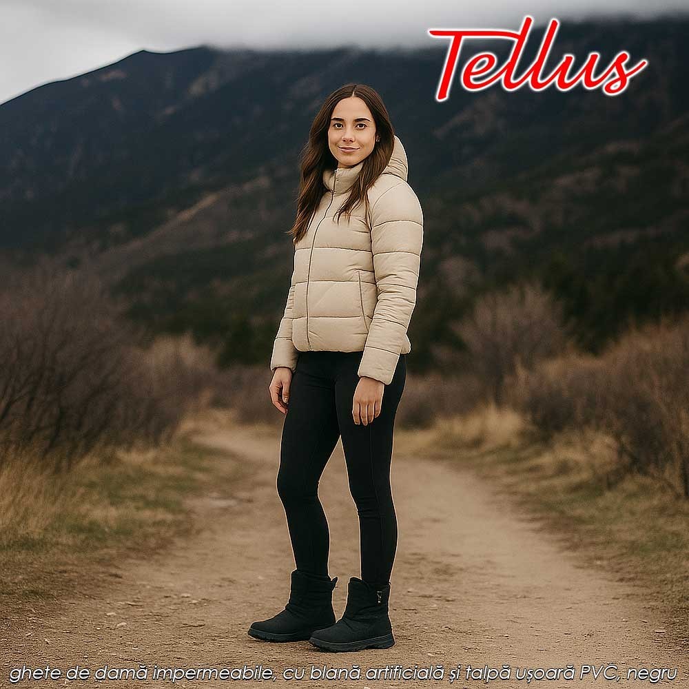 ghete de damă impermeabile, cu blană artificială și talpă ușoară PVC, negru