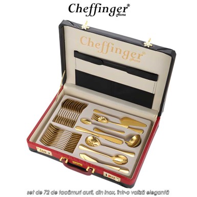 Cheffinger Home 7200 - set de 72 de tacâmuri aurii, din inox, într-o valiză elegantă Cheffinger Home 7200 - set de 72 de tacâmuri aurii, din inox, într-o valiză elegantă