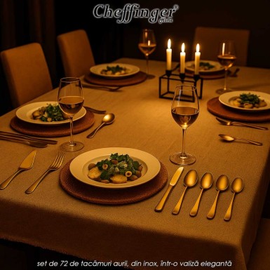 Cheffinger Home 7200 - set de 72 de tacâmuri aurii, din inox, într-o valiză elegantă Cheffinger Home 7200 - set de 72 de tacâmuri aurii, din inox, într-o valiză elegantă