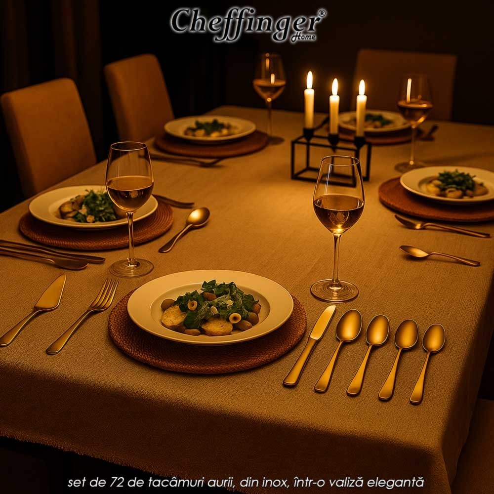 Cheffinger Home 7200 - set de 72 de tacâmuri aurii, din inox, într-o valiză elegantă