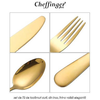 Cheffinger Home 7200 - set de 72 de tacâmuri aurii, din inox, într-o valiză elegantă Cheffinger Home 7200 - set de 72 de tacâmuri aurii, din inox, într-o valiză elegantă