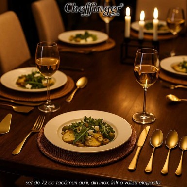Cheffinger Home 7200 - set de 72 de tacâmuri aurii, din inox, într-o valiză elegantă Cheffinger Home 7200 - set de 72 de tacâmuri aurii, din inox, într-o valiză elegantă