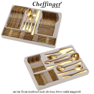 Cheffinger Home 7200 - set de 72 de tacâmuri aurii, din inox, într-o valiză elegantă Cheffinger Home 7200 - set de 72 de tacâmuri aurii, din inox, într-o valiză elegantă